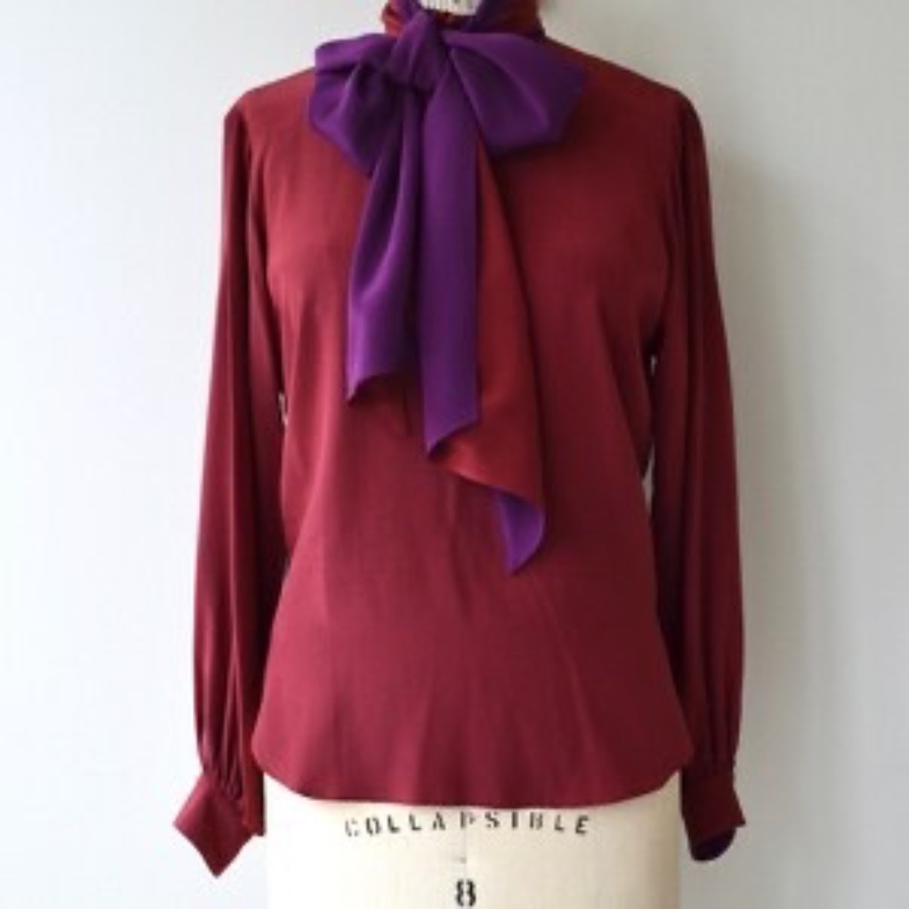 Vintage 1970s Silk Blouse with Bow/Belt by Pierre Cardin